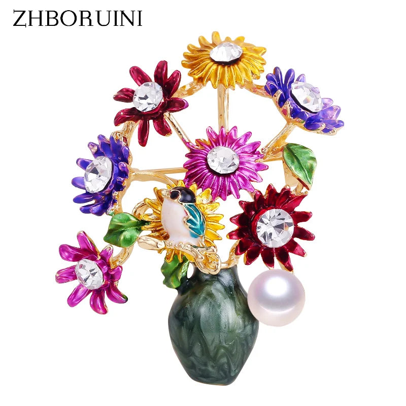 Natural Freshwater Pearl Brooch Enamel Flower Vase Pin