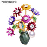 Natural Freshwater Pearl Brooch Enamel Flower Vase Pin