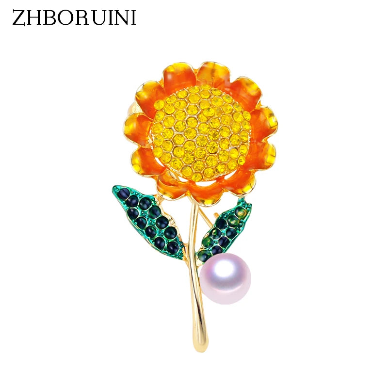 Sunflower Pearl Brooch Freshwater Jewelry Women Gift