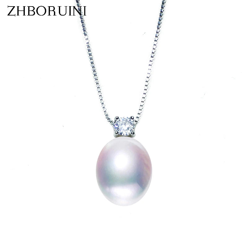 Freshwater Pearl Necklace with Zircon Pendants 925 Sterling Silver Jewelry