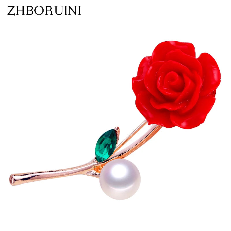 Vermilion Red Flower Pearl Brooch