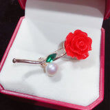 Vermilion Red Flower Pearl Brooch