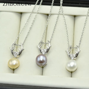 Freshwater Pearl Deer Pendant Necklace 925 Sterling Silver Jewelry