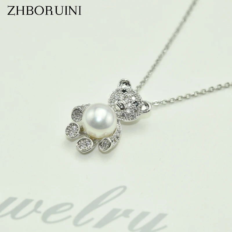 Freshwater Pearl Bear Pendant Necklace 925 Sterling Silver Jewelry