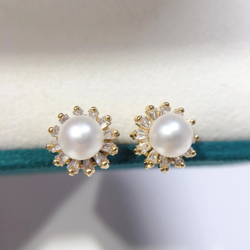 Real Freshwater Pearl Stud Earrings 925 Silver and Gold Plating Jewelry