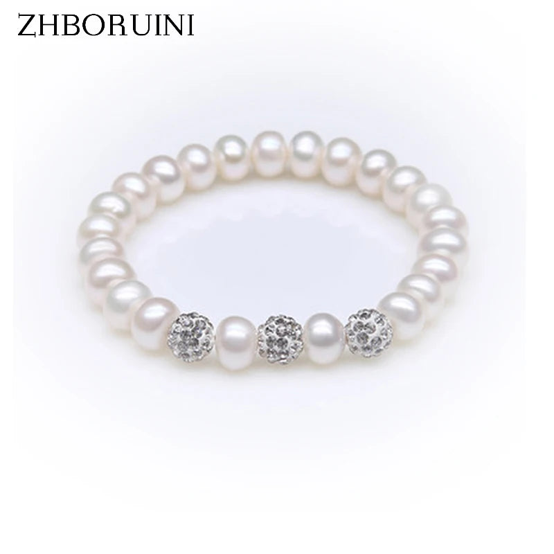 Pearl Charm Bracelet Crystal Ball 925 Sterling Silver Jewelry