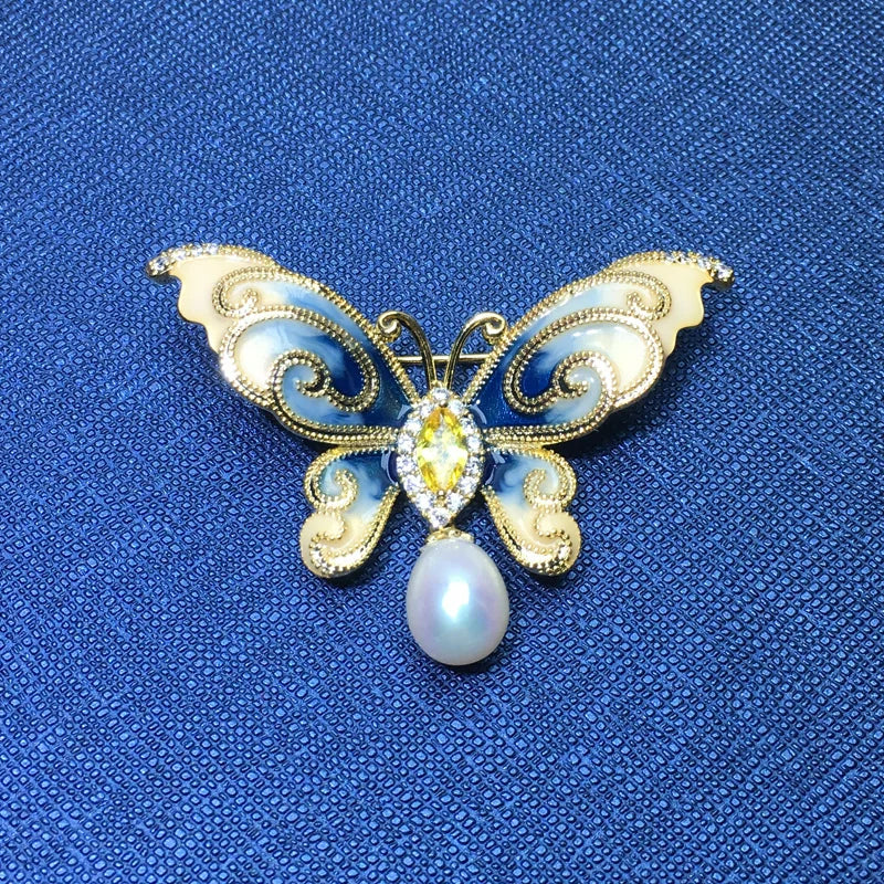 Freshwater Pearl Zircon Butterfly Brooch Antique Pearl Jewelry For Women