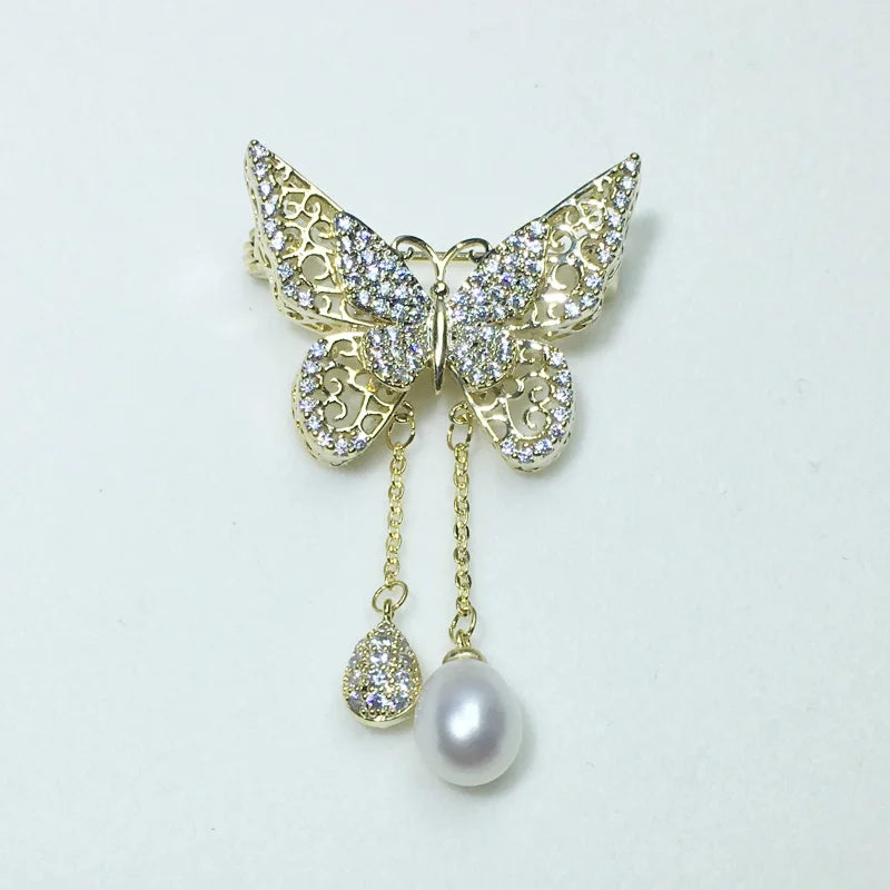 Freshwater Pearl Butterfly Brooch with Tassels