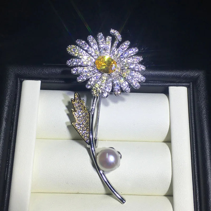 Chinese Style Freshwater Pearl Brooch Yellow Zircon Flower Gift