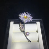 Chinese Style Freshwater Pearl Brooch Yellow Zircon Flower Gift