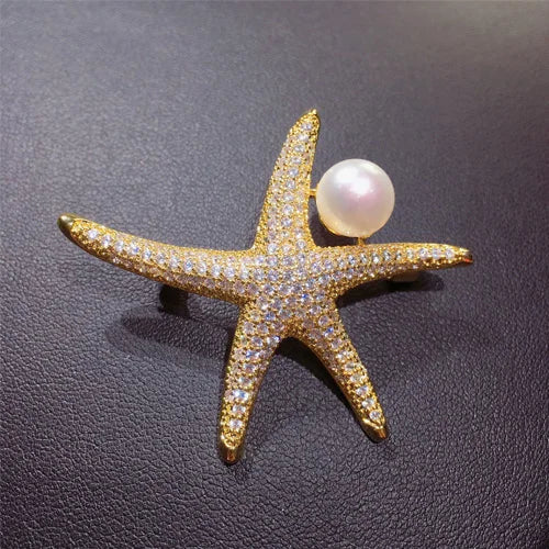 Natural Freshwater Pearl Brooch with Zircon Starfish Insert