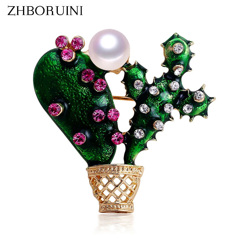 Natural Freshwater Pearl Cactus Brooch for Women