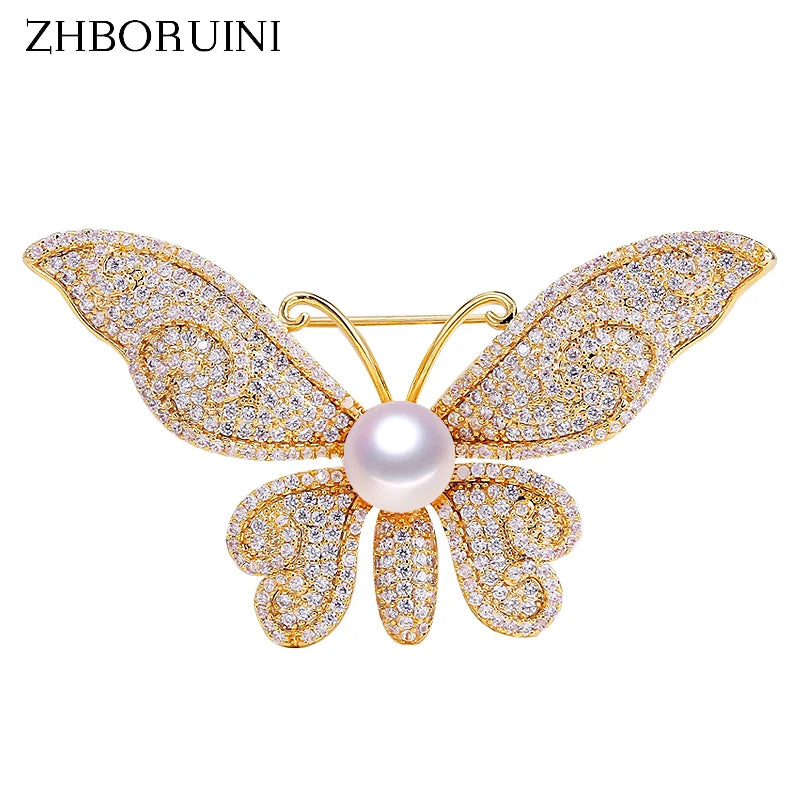 Natural Pearl Brooch Zircon Micro Insert Butterfly Pearl Jewelry