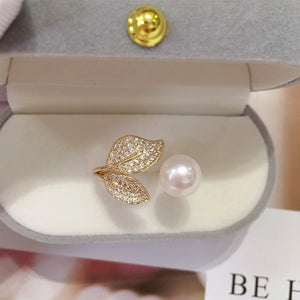 Leaf Pearl Ring Freshwater Pearl Micro Inlaid Zircon Women Jewelry