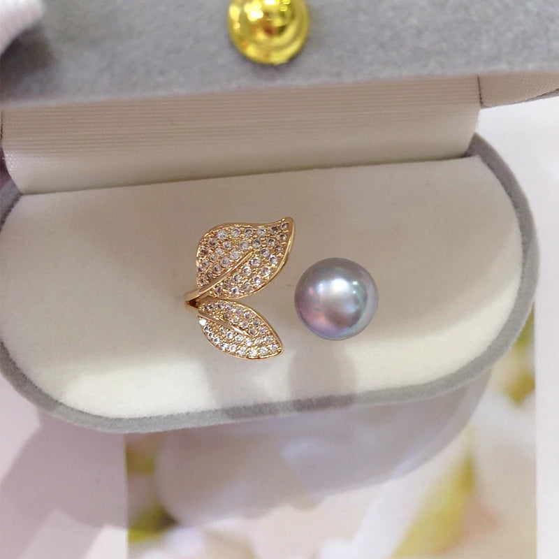 Leaf Pearl Ring Freshwater Pearl Micro Inlaid Zircon Women Jewelry