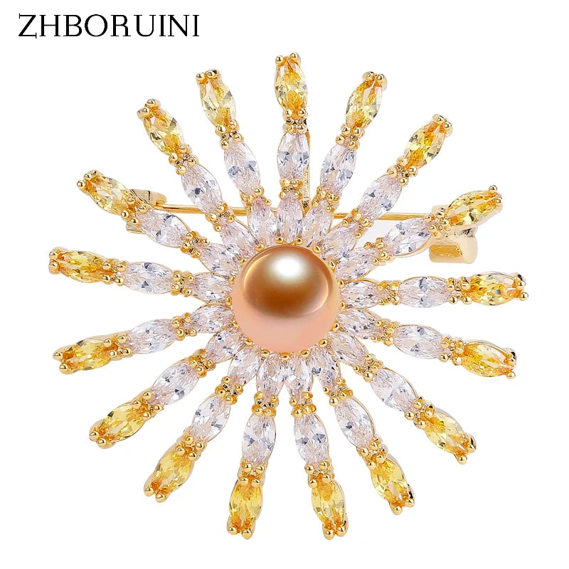 Freshwater Pearl Brooch Crystal Round Brooch Pin Jewelry Women Accessories