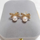 14k Gold Pearl Bow Stud Earrings for Women