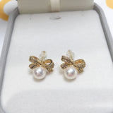 14k Gold Pearl Bow Stud Earrings for Women