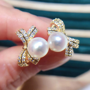 14k Gold Pearl Bow Stud Earrings for Women