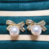 14k Gold Pearl Bow Stud Earrings for Women