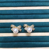 14k Gold Pearl Bow Stud Earrings for Women