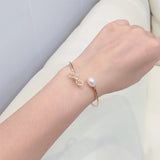 Freshwater Pearl Bow Bracelet Delica Female Elastic Copper Plated 14K Jewelry