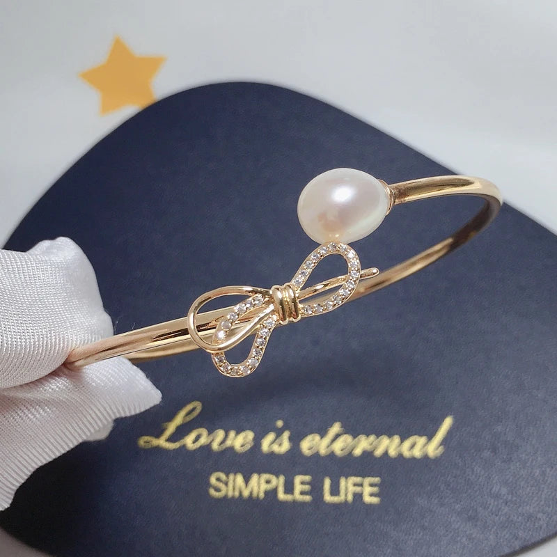 Freshwater Pearl Bow Bracelet Delica Female Elastic Copper Plated 14K Jewelry