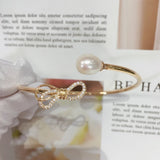 Freshwater Pearl Bow Bracelet Delica Female Elastic Copper Plated 14K Jewelry