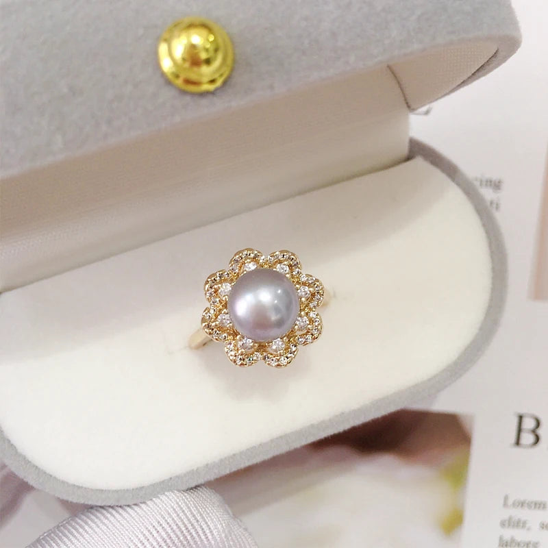 Flower Pearl Ring Freshwater Pearl 18K Plating Zircon Women Jewelry
