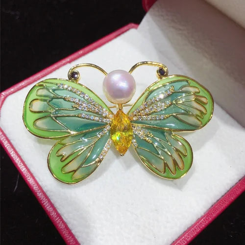 Natural Freshwater Pearl Brooch Enamel Butterfly Brooch