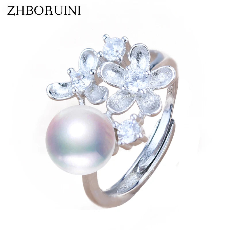 Natural Freshwater Pearl 925 Sterling Silver Flower Wedding Ring