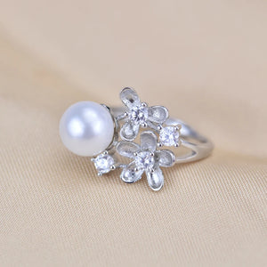 Natural Freshwater Pearl 925 Sterling Silver Flower Wedding Ring