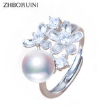 Natural Freshwater Pearl 925 Sterling Silver Flower Wedding Ring