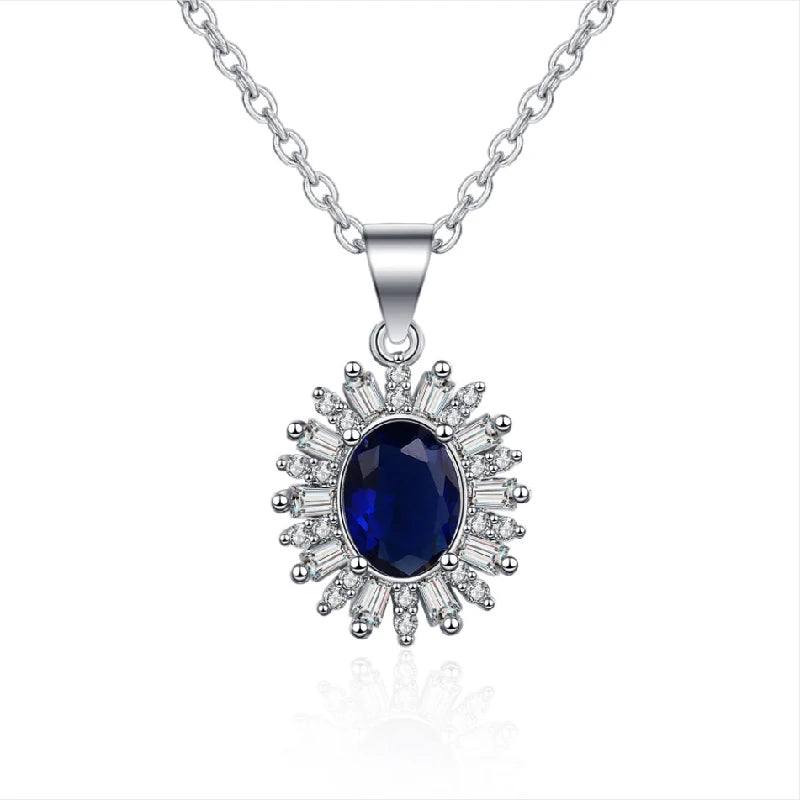 925 Silver Necklace with Sapphire Zircon Gemstone Pendant