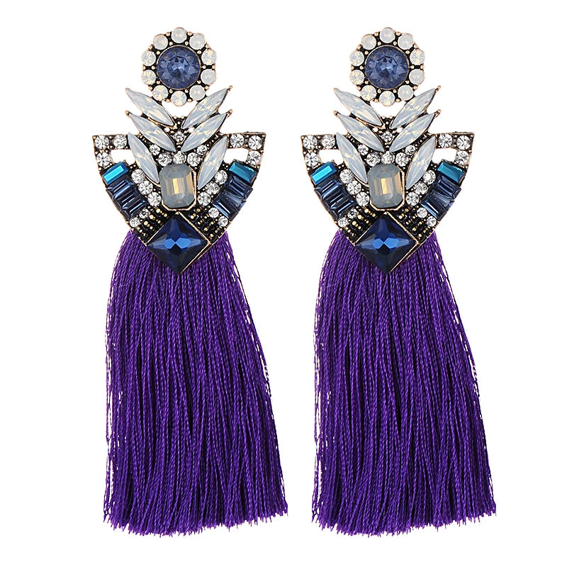 Yellow Tassel Earrings Crystal Flower Stud Vintage Rhinestone