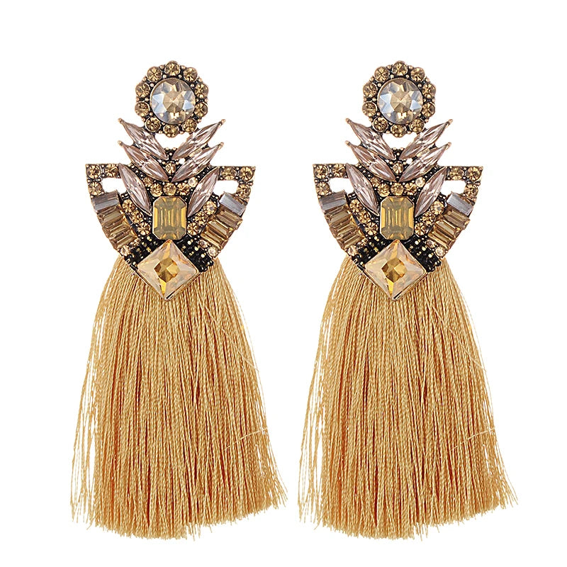 Yellow Tassel Earrings Crystal Flower Stud Vintage Rhinestone