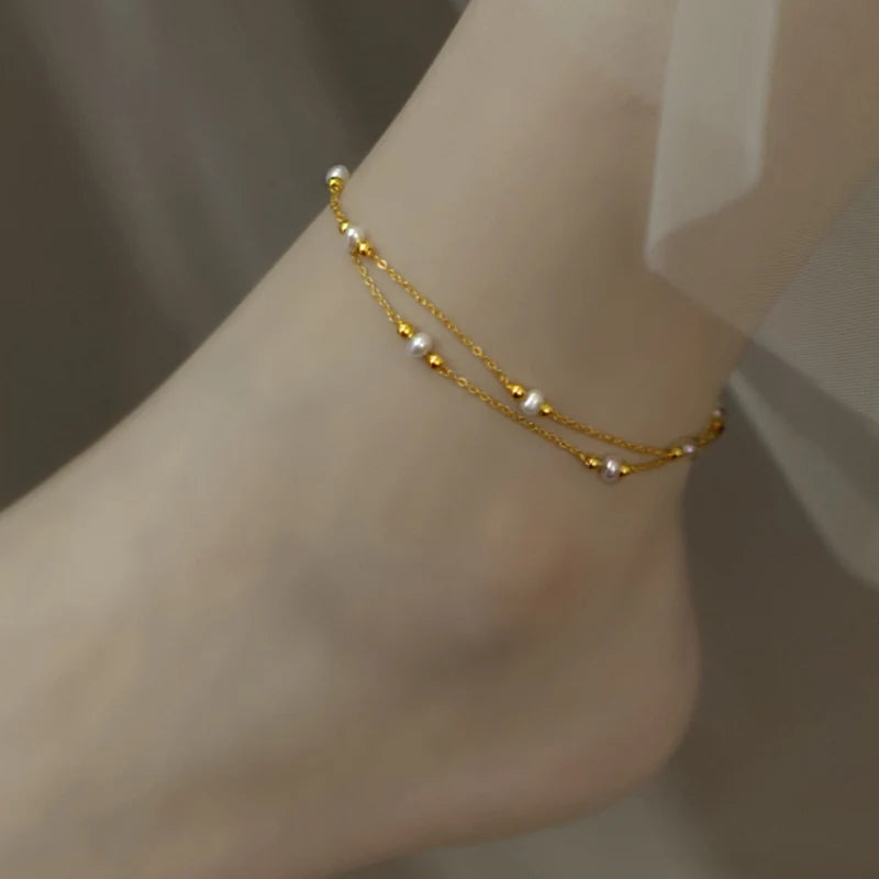 Freshwater Pearl Anklet 14K Gold-Filled Double-Layer Chain Ladies Party Gift