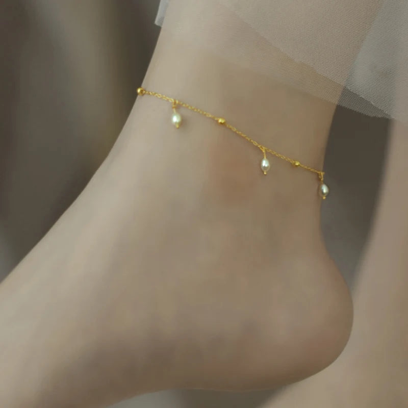 Natural Freshwater Pearl Anklet 14K Gold Filled Chain Retro Jewelry