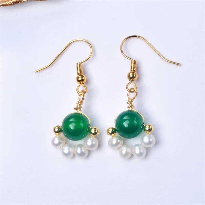 Freshwater Pearl Drop Earrings Green Agate Ear Jewelry 8-9mm
