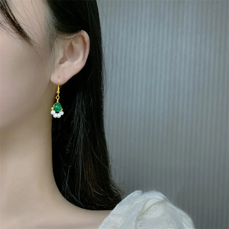 Freshwater Pearl Drop Earrings Green Agate Ear Jewelry
