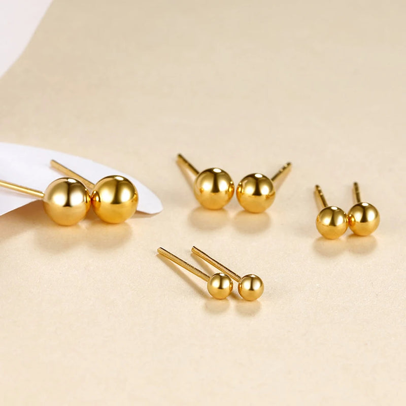 18K Gold Stud Earrings Golden Bead Ball Wedding Gift for Women
