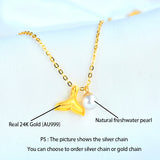 24K 999 Fine Jewelry Necklace Fish Tail Pearl Pendant 18K Chain Wedding Gift