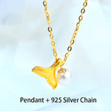 24K 999 Fine Jewelry Necklace Fish Tail Pearl Pendant 18K Chain Wedding Gift