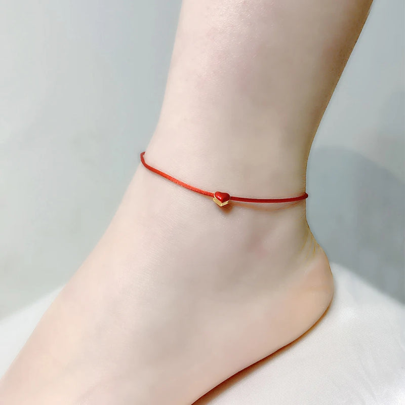 24K Anklet 999 Heart Pendant Red Rope Fine Jewelry