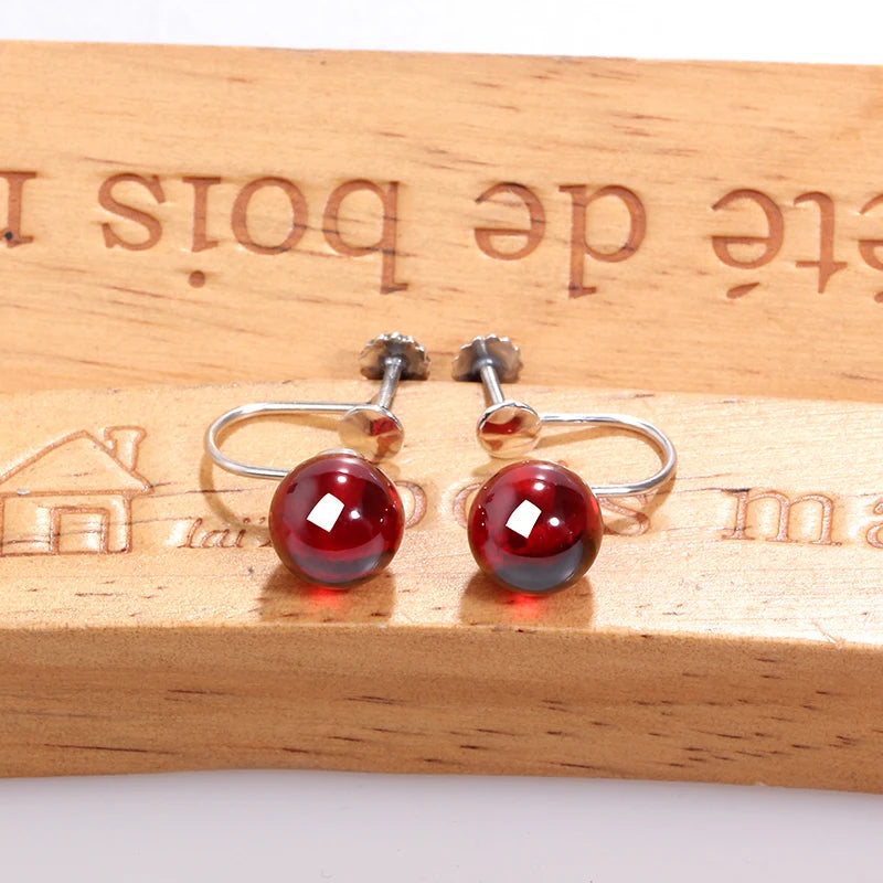 Garnet Gemstone Stud Earrings 925 Sterling Silver Ruby Ball Women Jewelry