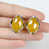 925 Silver Retro Chalcedony Agate Clip Earrings Yellow Gemstones