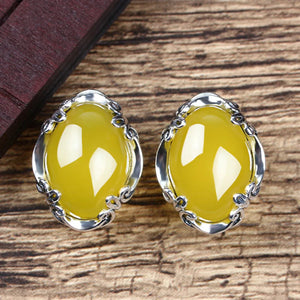 925 Silver Retro Chalcedony Agate Clip Earrings Yellow Gemstones