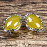 925 Silver Retro Chalcedony Agate Clip Earrings Yellow Gemstones