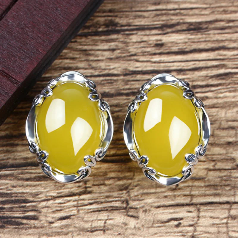925 Silver Retro Chalcedony Agate Clip Earrings Yellow Gemstones