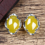 925 Silver Retro Chalcedony Agate Clip Earrings Yellow Gemstones